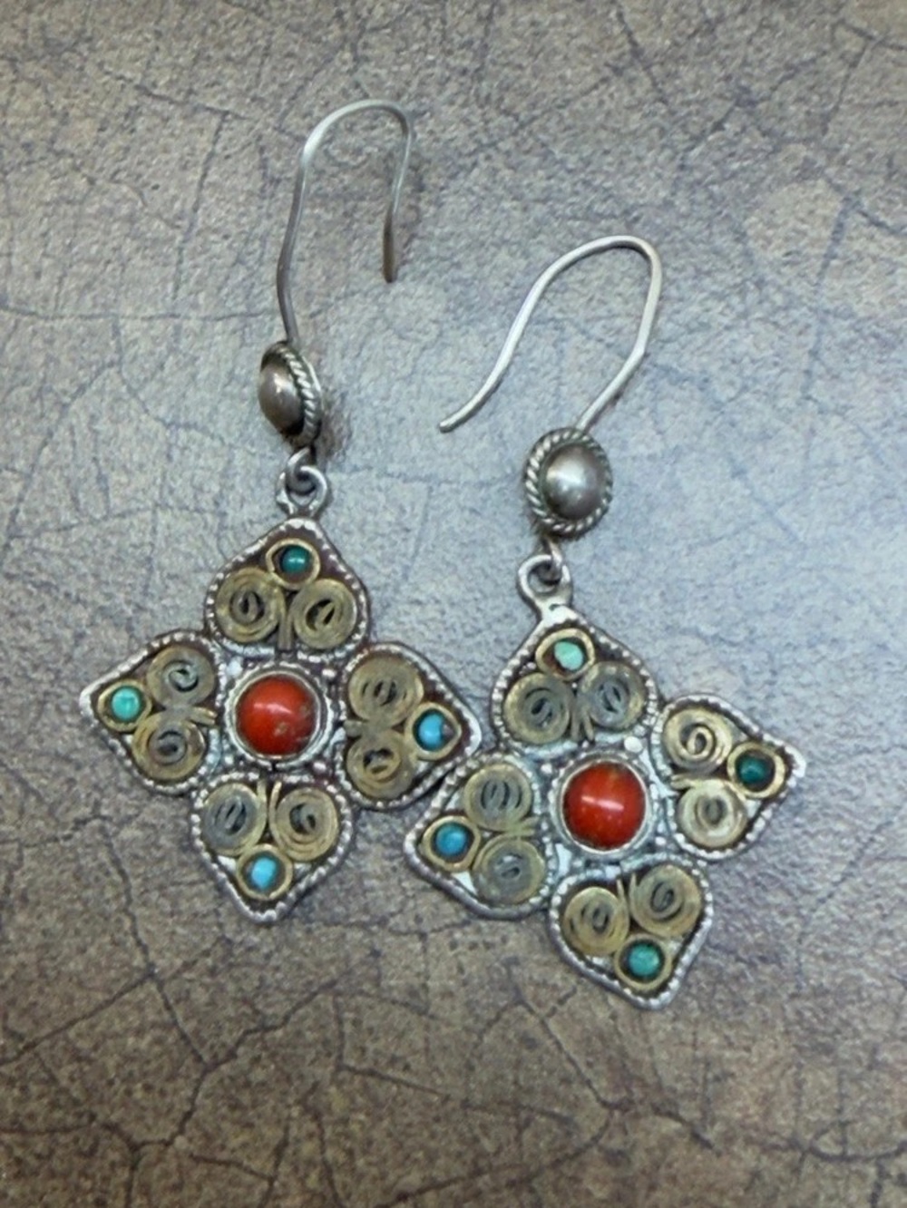 Sterling Silver Geometric Earrings in Silver & Red
